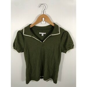 Womens Puff Sleeve Polo Sweater M Green 100% Merino Wool Preppy Old Money Chic